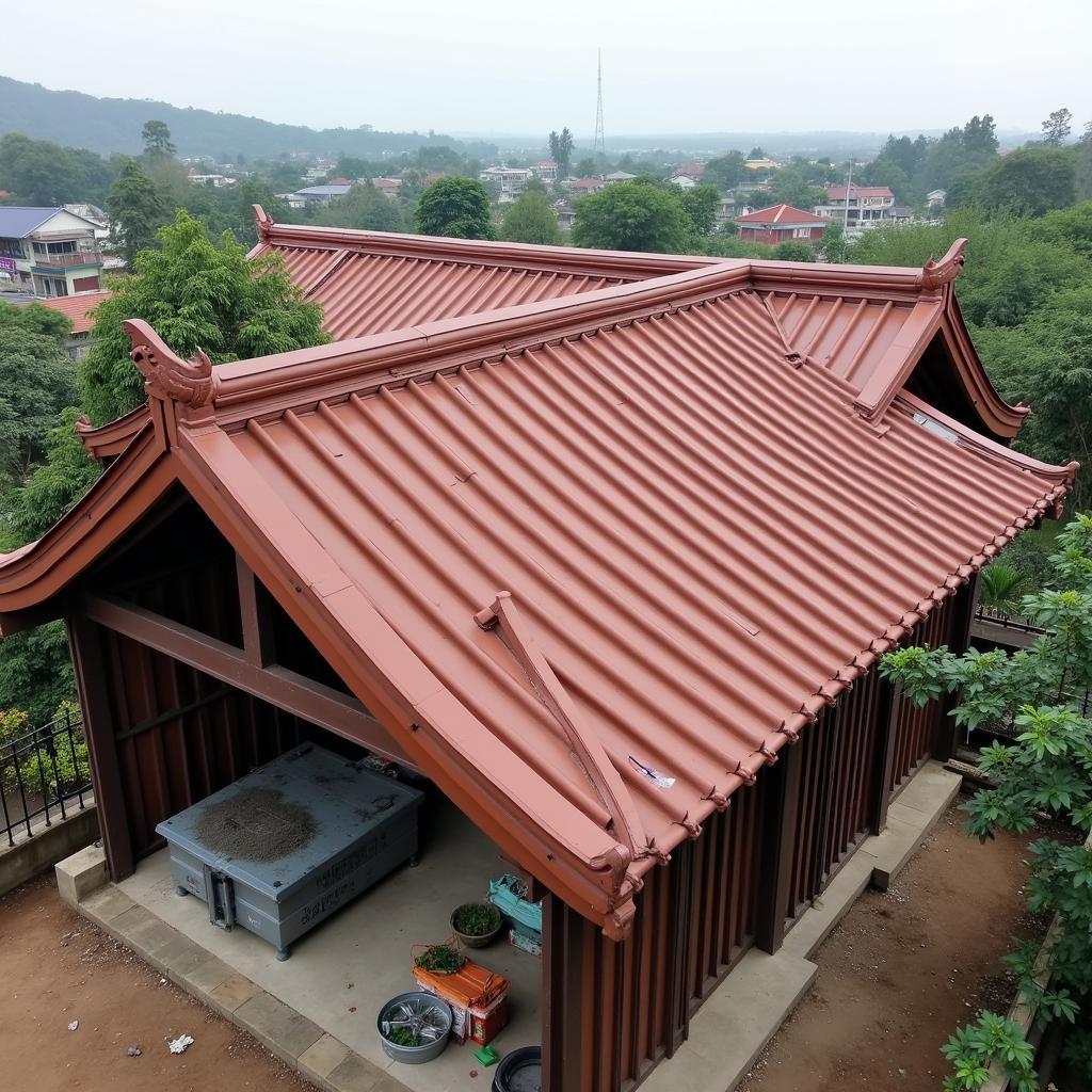 Mẫu mái che tôn giả ngói cho sân thượng nhà ống đẹp, phong cách truyền thống